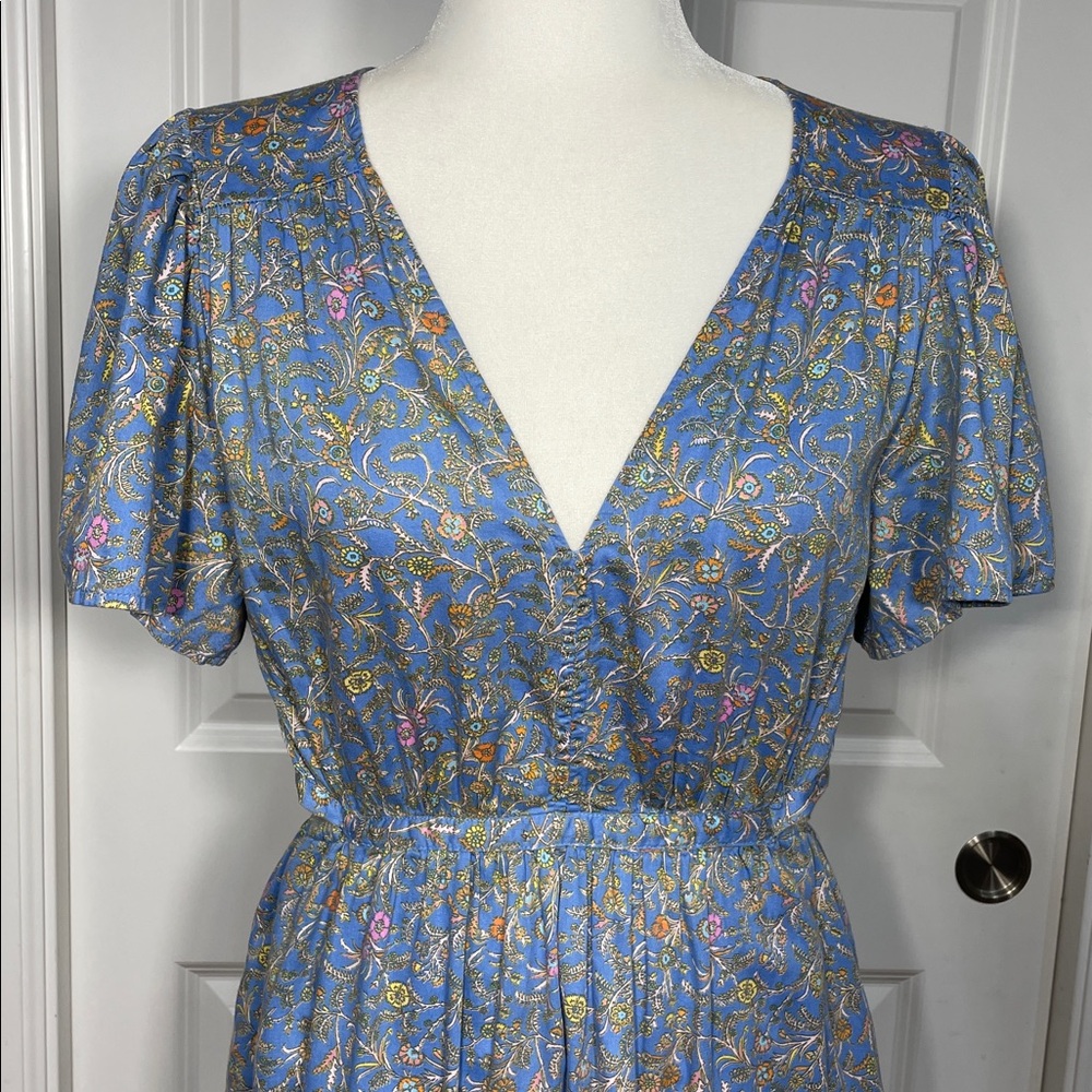 XíRENA Gabrielle Cutout Dress Size Large Blue Floral Midi V Neck Flutter Sleeve - Picture 2 of 16